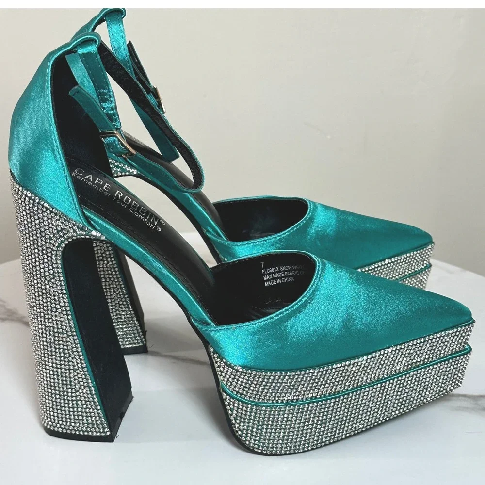 Cape Robbin Teal Satin Rhinestone Double Platform Heels Size 7 New‎